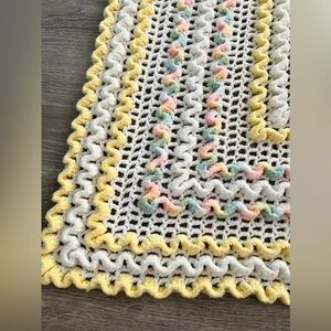 Crocheted Baby Afghan Blanket throw pastel yellow white 52” x 38”